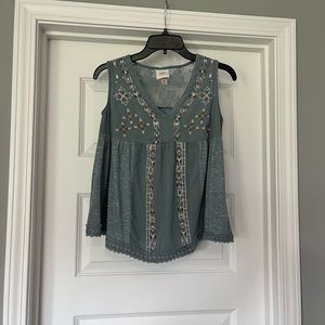 Knox Rose Blue Embroidered Sleeveless Top Light Blue Floral XS